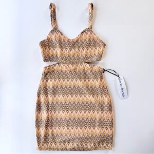 NWT Lovers + Friends Tan Peach Brown Chevron Knit Side Cut Out Mini Dress S